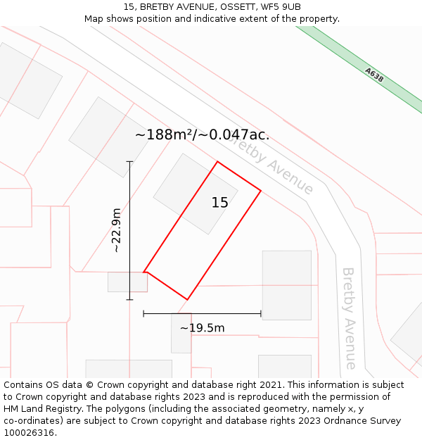 15, BRETBY AVENUE, OSSETT, WF5 9UB: Plot and title map