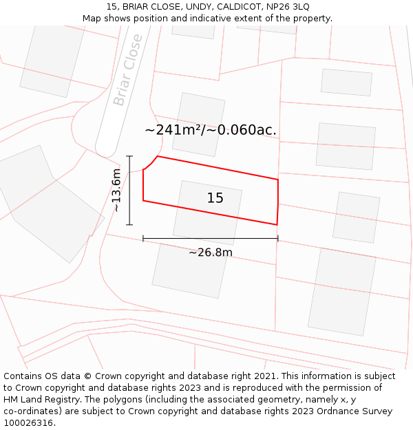 15, BRIAR CLOSE, UNDY, CALDICOT, NP26 3LQ: Plot and title map