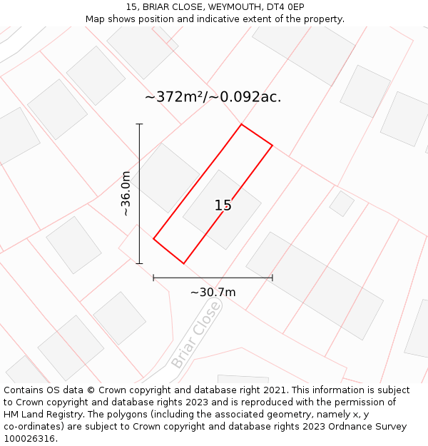 15, BRIAR CLOSE, WEYMOUTH, DT4 0EP: Plot and title map