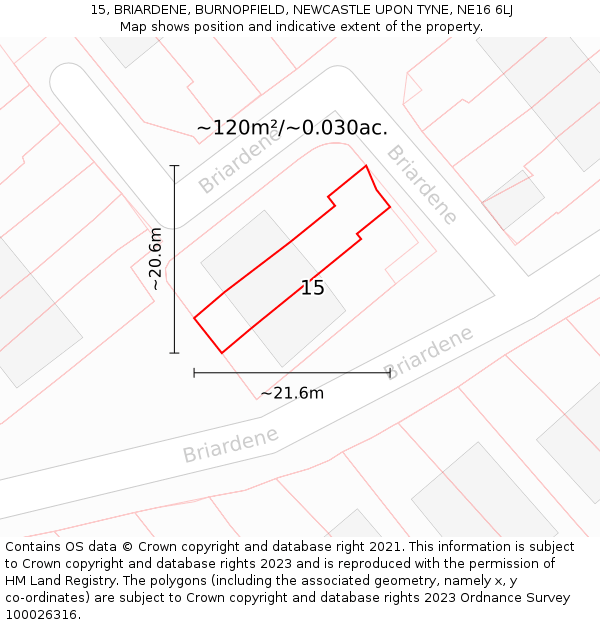 15, BRIARDENE, BURNOPFIELD, NEWCASTLE UPON TYNE, NE16 6LJ: Plot and title map