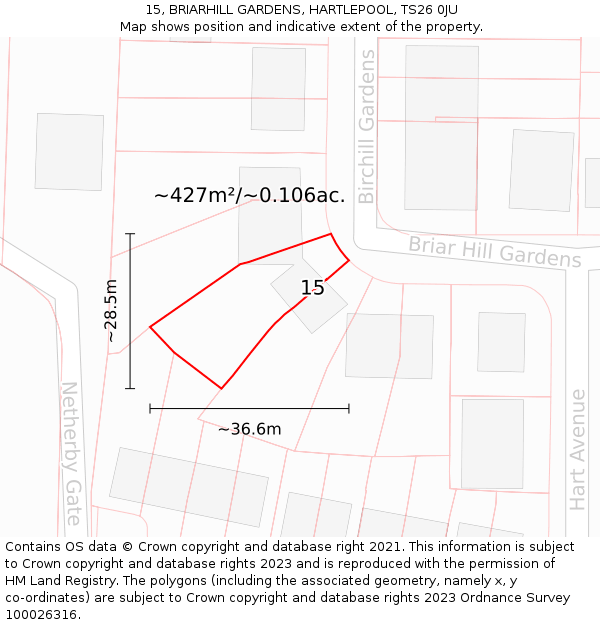 15, BRIARHILL GARDENS, HARTLEPOOL, TS26 0JU: Plot and title map