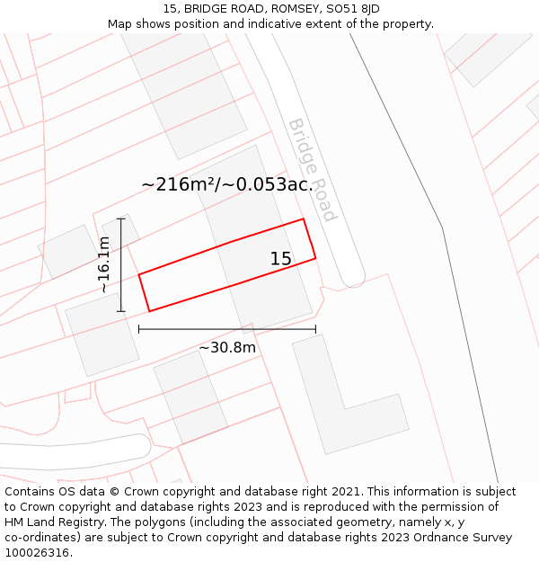 15, BRIDGE ROAD, ROMSEY, SO51 8JD: Plot and title map