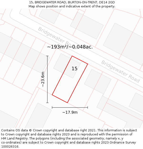 15, BRIDGEWATER ROAD, BURTON-ON-TRENT, DE14 2GD: Plot and title map
