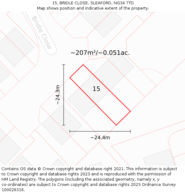 15, BRIDLE CLOSE, SLEAFORD, NG34 7TD: Plot and title map