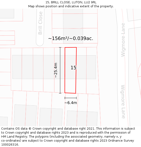 15, BRILL CLOSE, LUTON, LU2 9RL: Plot and title map