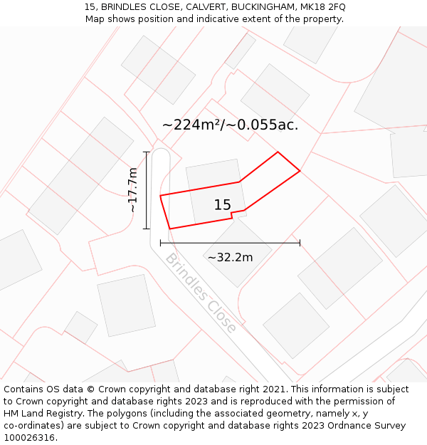 15, BRINDLES CLOSE, CALVERT, BUCKINGHAM, MK18 2FQ: Plot and title map