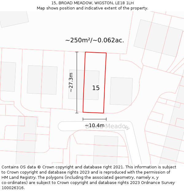15, BROAD MEADOW, WIGSTON, LE18 1LH: Plot and title map