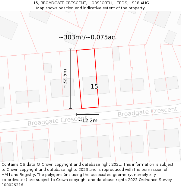 15, BROADGATE CRESCENT, HORSFORTH, LEEDS, LS18 4HG: Plot and title map
