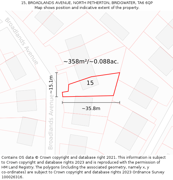 15, BROADLANDS AVENUE, NORTH PETHERTON, BRIDGWATER, TA6 6QP: Plot and title map