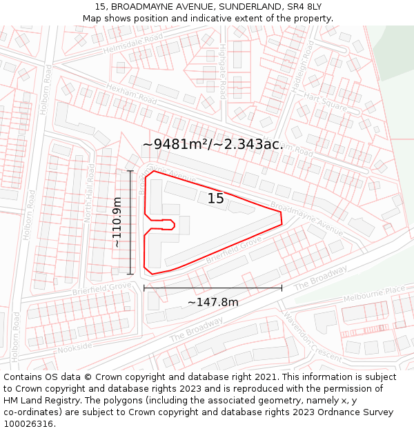15, BROADMAYNE AVENUE, SUNDERLAND, SR4 8LY: Plot and title map