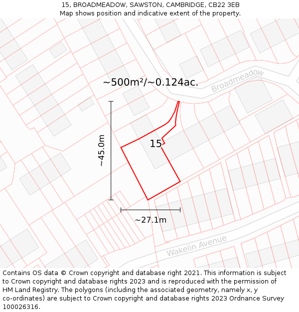 15, BROADMEADOW, SAWSTON, CAMBRIDGE, CB22 3EB: Plot and title map