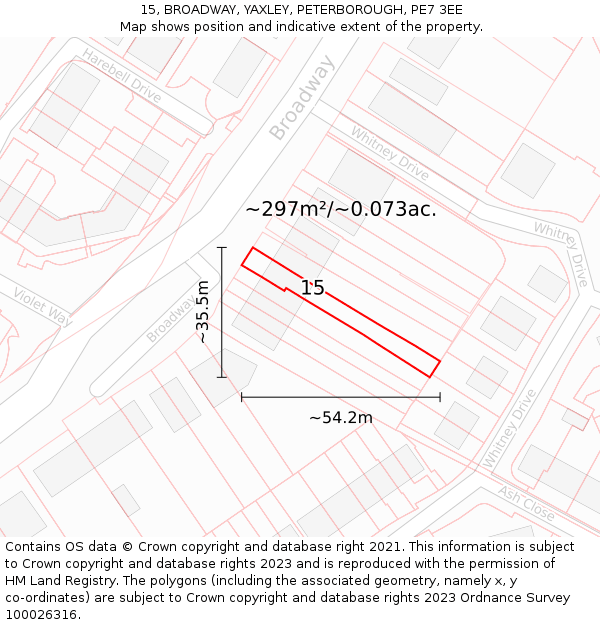 15, BROADWAY, YAXLEY, PETERBOROUGH, PE7 3EE: Plot and title map