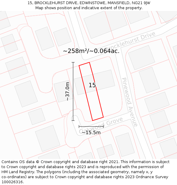 15, BROCKLEHURST DRIVE, EDWINSTOWE, MANSFIELD, NG21 9JW: Plot and title map