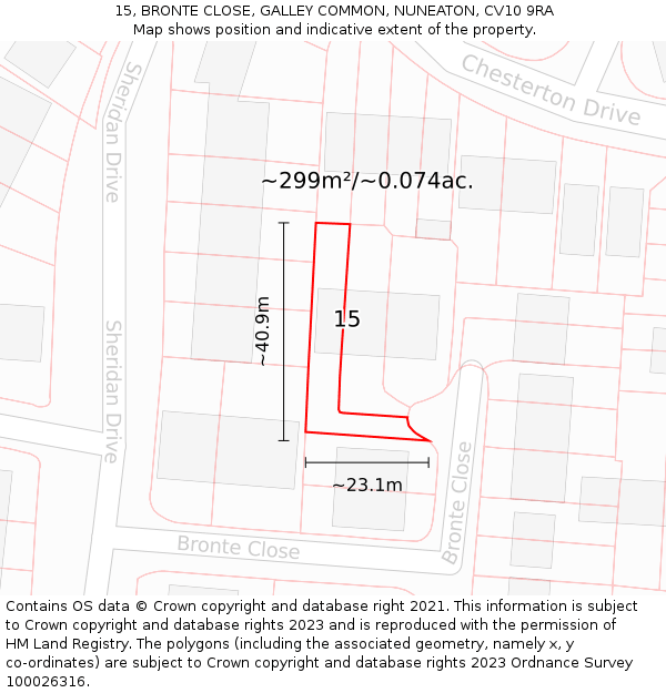15, BRONTE CLOSE, GALLEY COMMON, NUNEATON, CV10 9RA: Plot and title map