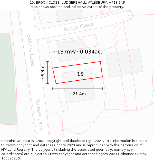 15, BROOK CLOSE, LUDGERSHALL, AYLESBURY, HP18 9NP: Plot and title map