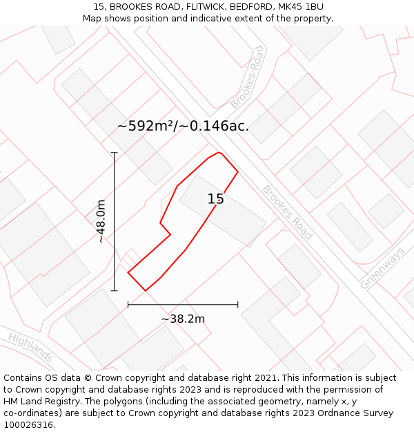 15, BROOKES ROAD, FLITWICK, BEDFORD, MK45 1BU: Plot and title map