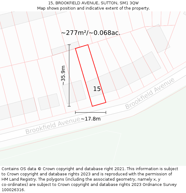 15, BROOKFIELD AVENUE, SUTTON, SM1 3QW: Plot and title map
