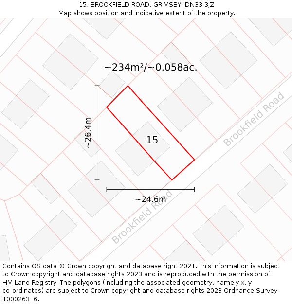 15, BROOKFIELD ROAD, GRIMSBY, DN33 3JZ: Plot and title map