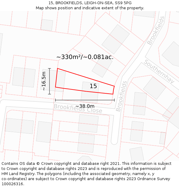 15, BROOKFIELDS, LEIGH-ON-SEA, SS9 5PG: Plot and title map