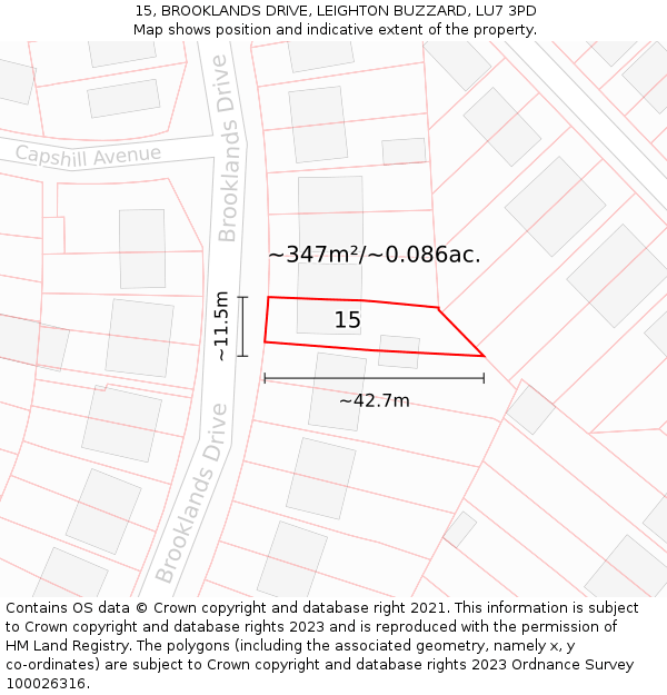 15, BROOKLANDS DRIVE, LEIGHTON BUZZARD, LU7 3PD: Plot and title map