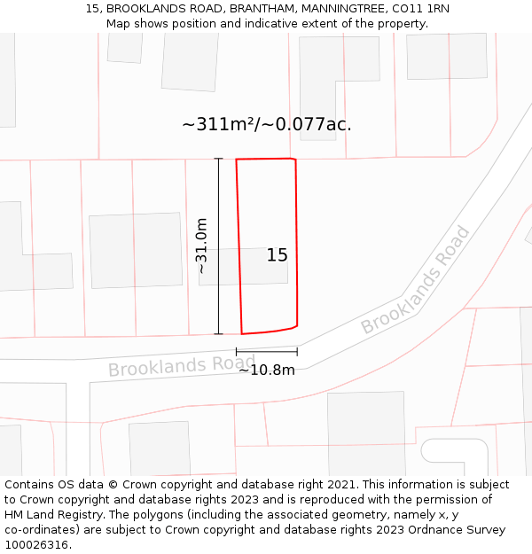 15, BROOKLANDS ROAD, BRANTHAM, MANNINGTREE, CO11 1RN: Plot and title map