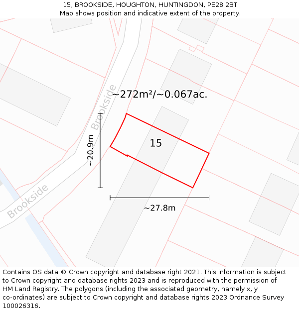 15, BROOKSIDE, HOUGHTON, HUNTINGDON, PE28 2BT: Plot and title map
