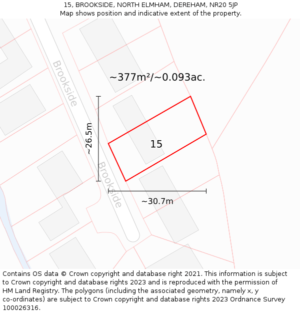 15, BROOKSIDE, NORTH ELMHAM, DEREHAM, NR20 5JP: Plot and title map