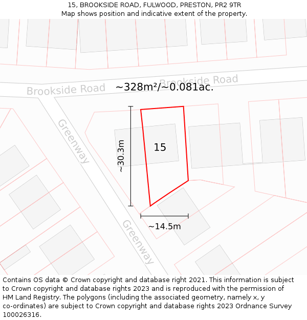 15, BROOKSIDE ROAD, FULWOOD, PRESTON, PR2 9TR: Plot and title map