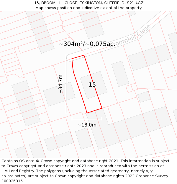 15, BROOMHILL CLOSE, ECKINGTON, SHEFFIELD, S21 4GZ: Plot and title map