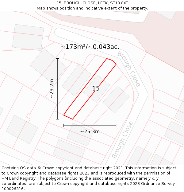 15, BROUGH CLOSE, LEEK, ST13 8XT: Plot and title map
