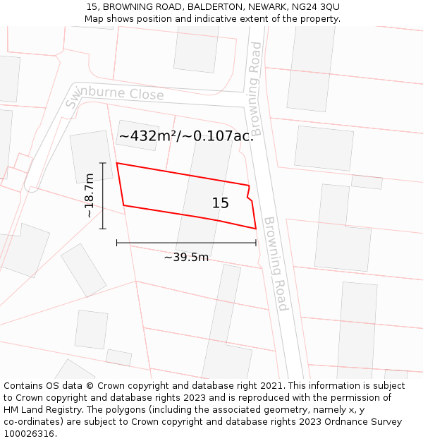 15, BROWNING ROAD, BALDERTON, NEWARK, NG24 3QU: Plot and title map