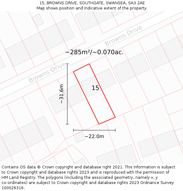 15, BROWNS DRIVE, SOUTHGATE, SWANSEA, SA3 2AE: Plot and title map
