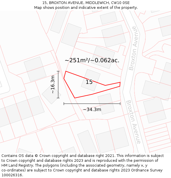 15, BROXTON AVENUE, MIDDLEWICH, CW10 0SE: Plot and title map