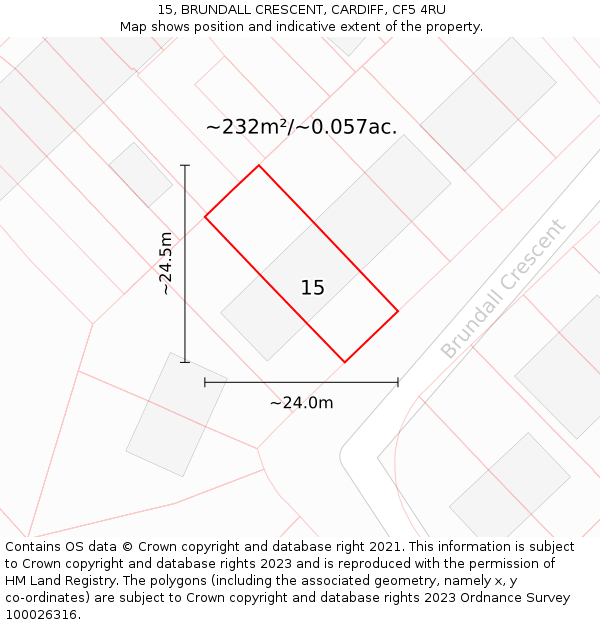 15, BRUNDALL CRESCENT, CARDIFF, CF5 4RU: Plot and title map