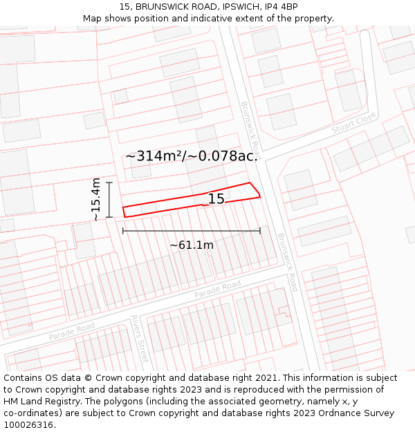 15, BRUNSWICK ROAD, IPSWICH, IP4 4BP: Plot and title map