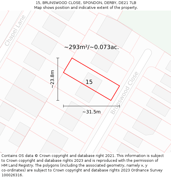 15, BRUNSWOOD CLOSE, SPONDON, DERBY, DE21 7LB: Plot and title map