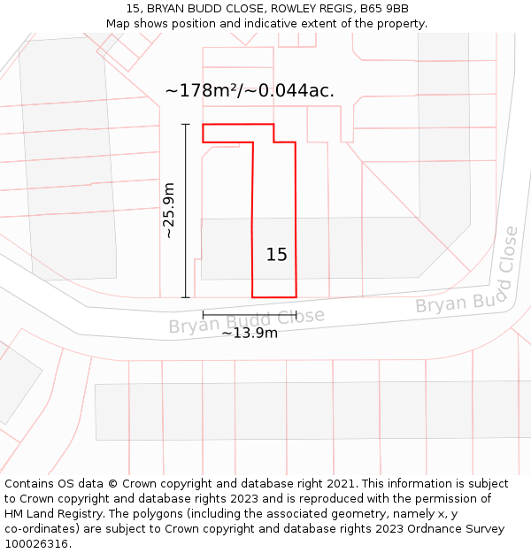 15, BRYAN BUDD CLOSE, ROWLEY REGIS, B65 9BB: Plot and title map