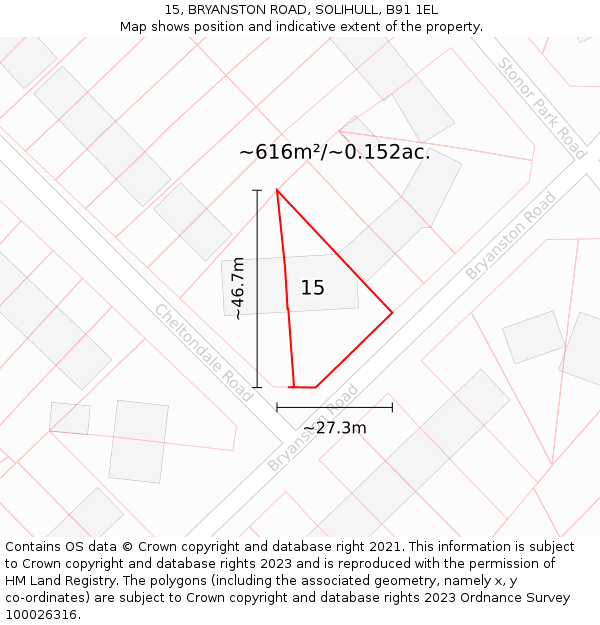 15, BRYANSTON ROAD, SOLIHULL, B91 1EL: Plot and title map