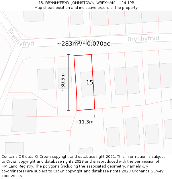 15, BRYNHYFRYD, JOHNSTOWN, WREXHAM, LL14 1PR: Plot and title map