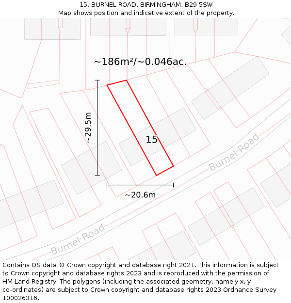 15, BURNEL ROAD, BIRMINGHAM, B29 5SW: Plot and title map