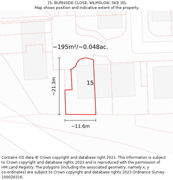 15, BURNSIDE CLOSE, WILMSLOW, SK9 1EL: Plot and title map