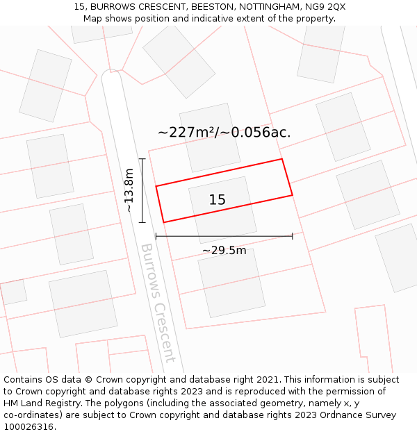 15, BURROWS CRESCENT, BEESTON, NOTTINGHAM, NG9 2QX: Plot and title map