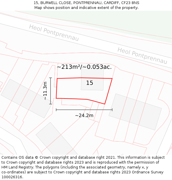 15, BURWELL CLOSE, PONTPRENNAU, CARDIFF, CF23 8NS: Plot and title map
