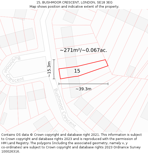 15, BUSHMOOR CRESCENT, LONDON, SE18 3EG: Plot and title map