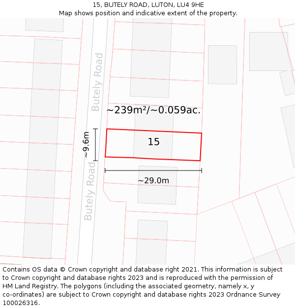 15, BUTELY ROAD, LUTON, LU4 9HE: Plot and title map