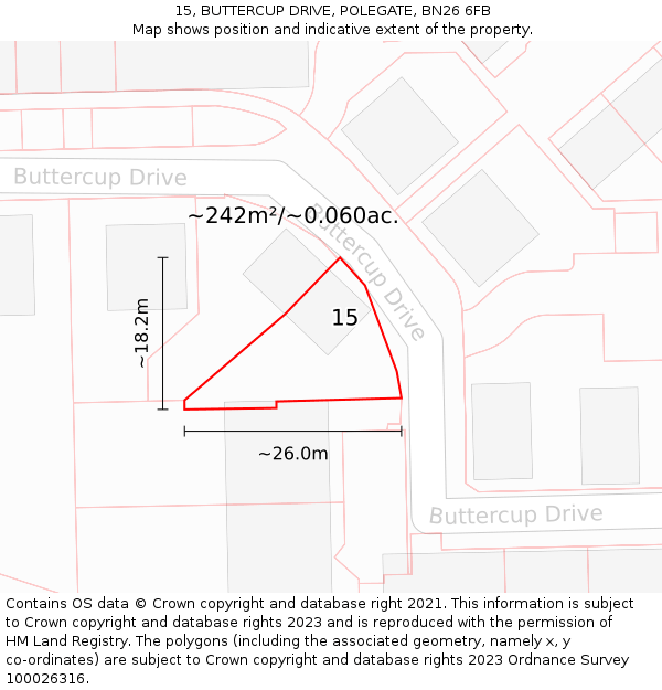 15, BUTTERCUP DRIVE, POLEGATE, BN26 6FB: Plot and title map