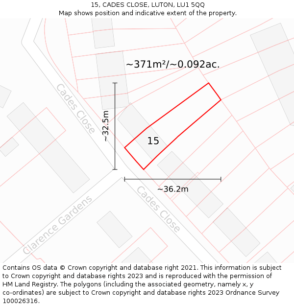 15, CADES CLOSE, LUTON, LU1 5QQ: Plot and title map