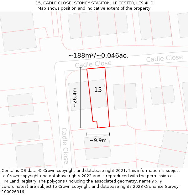 15, CADLE CLOSE, STONEY STANTON, LEICESTER, LE9 4HD: Plot and title map