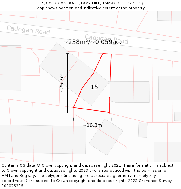 15, CADOGAN ROAD, DOSTHILL, TAMWORTH, B77 1PQ: Plot and title map