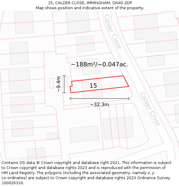 15, CALDER CLOSE, IMMINGHAM, DN40 2DP: Plot and title map